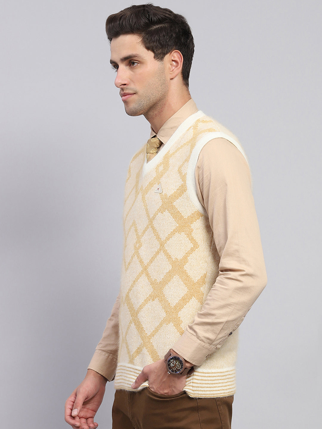 Men Beige Self Design V Neck Sleeveless Sweater