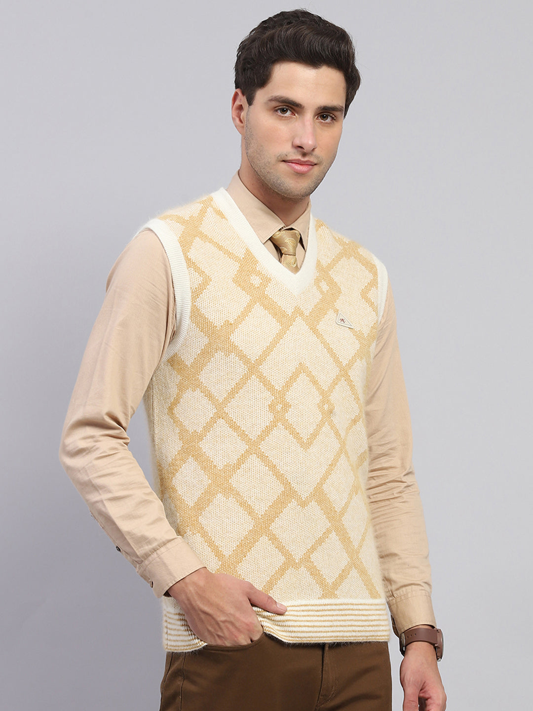 Men Beige Self Design V Neck Sleeveless Sweater