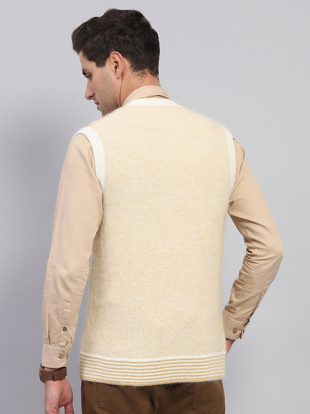 Men Beige Self Design V Neck Sleeveless Sweater