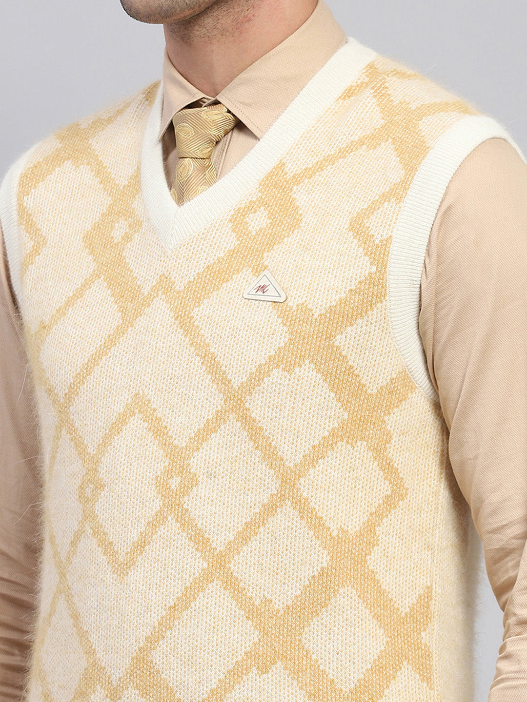 Men Beige Self Design V Neck Sleeveless Sweater