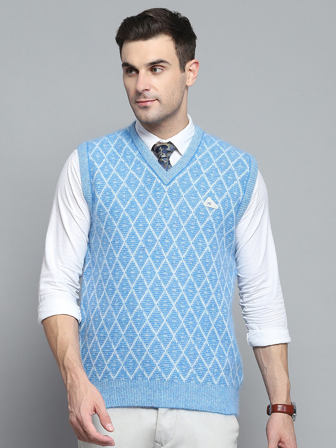 Men Sky Blue Self Design V Neck Sleeveless Sweater