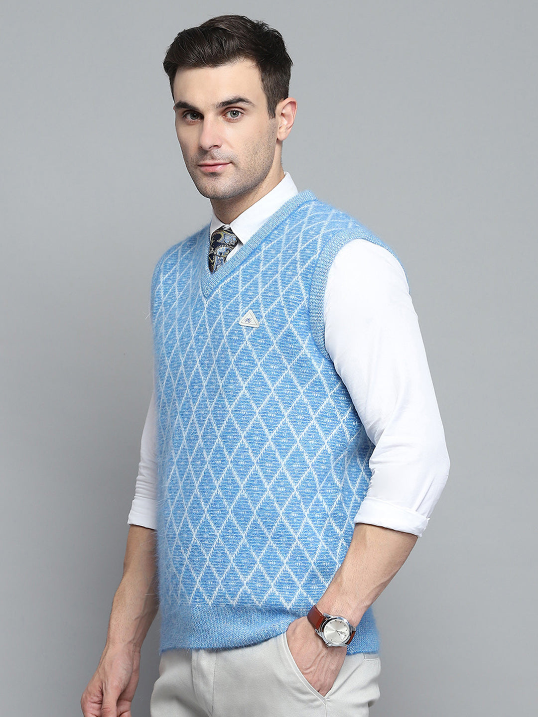 Men Sky Blue Self Design V Neck Sleeveless Sweater