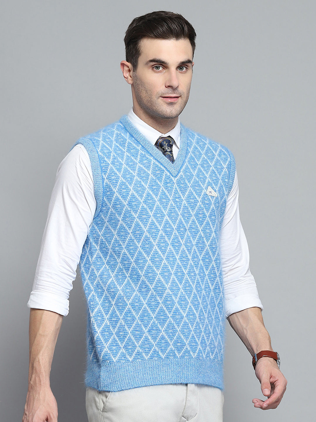 Men Sky Blue Self Design V Neck Sleeveless Sweater