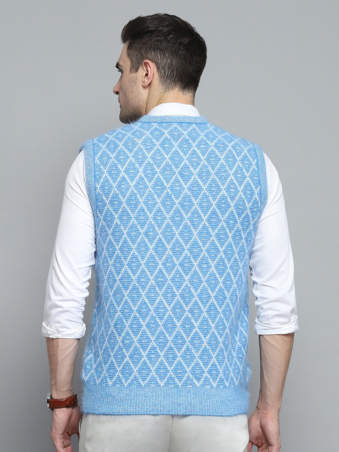 Men Sky Blue Self Design V Neck Sleeveless Sweater