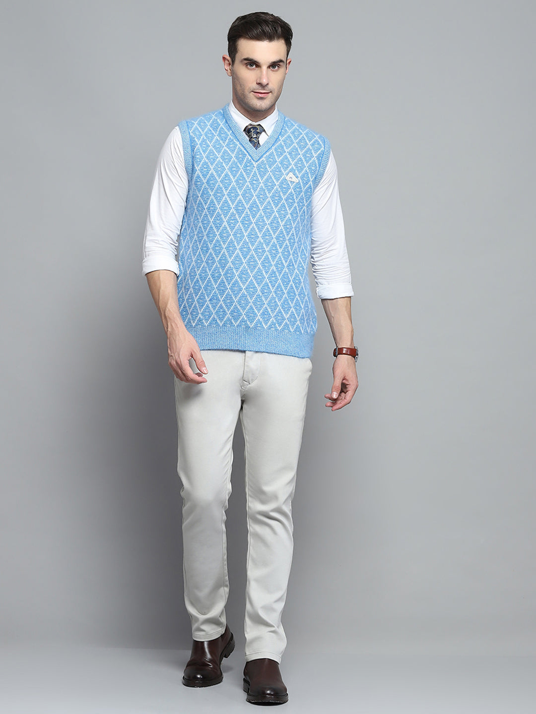 Men Sky Blue Self Design V Neck Sleeveless Sweater