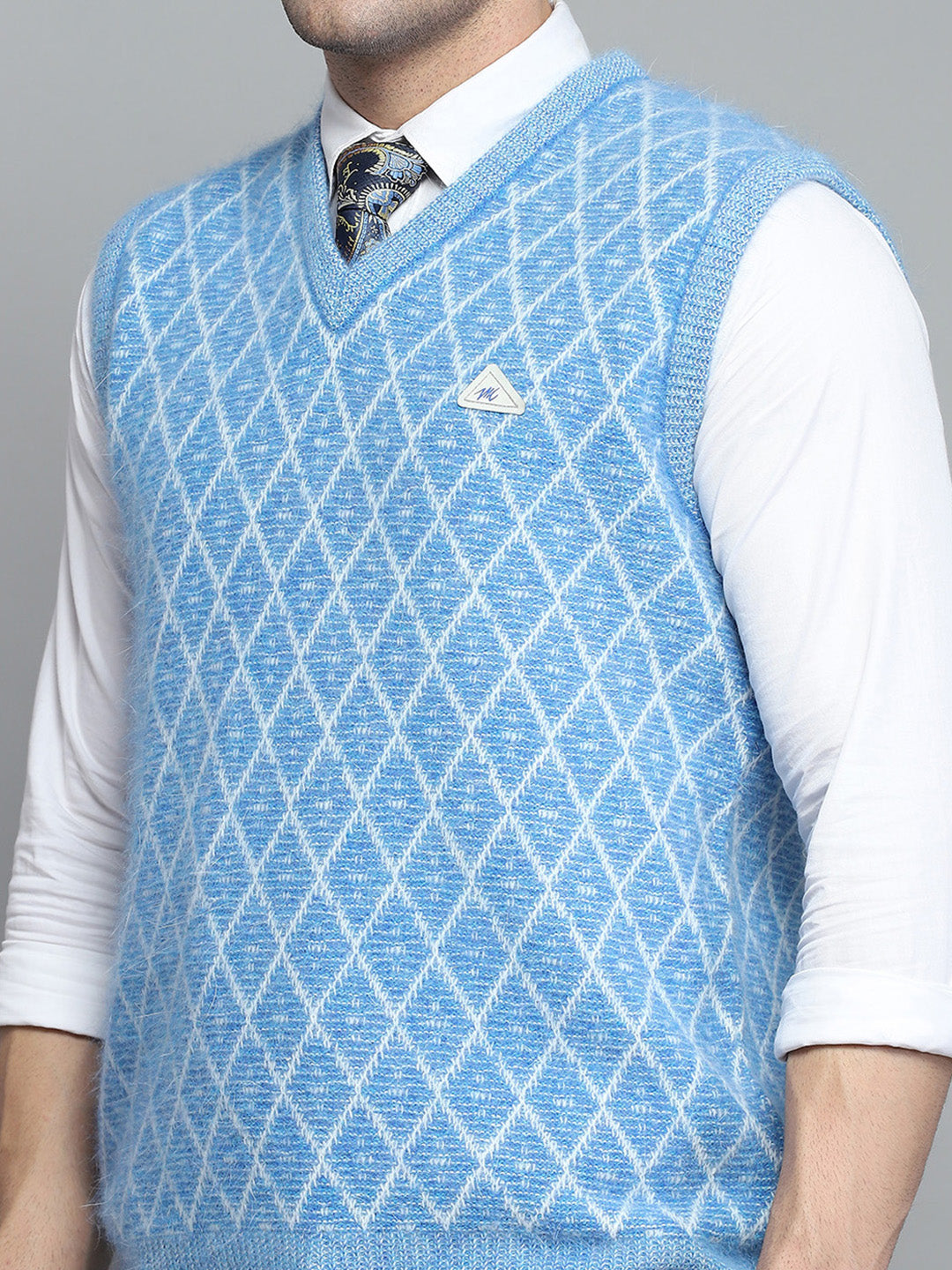 Men Sky Blue Self Design V Neck Sleeveless Sweater