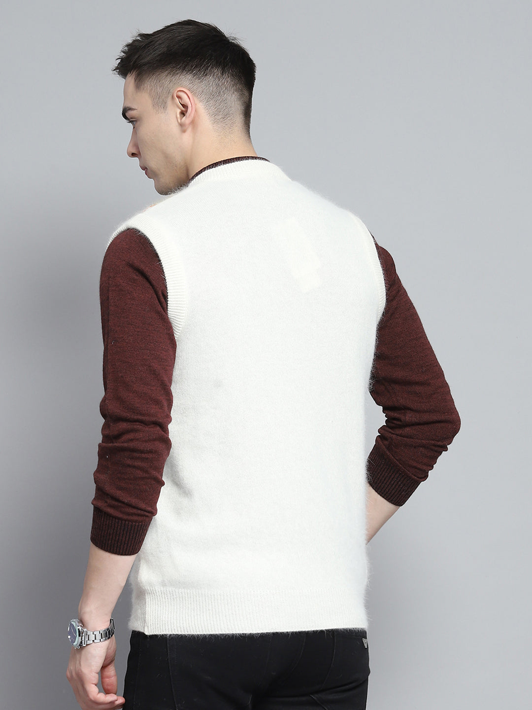 Men Off White Self Design V Neck Sleeveless Sweater