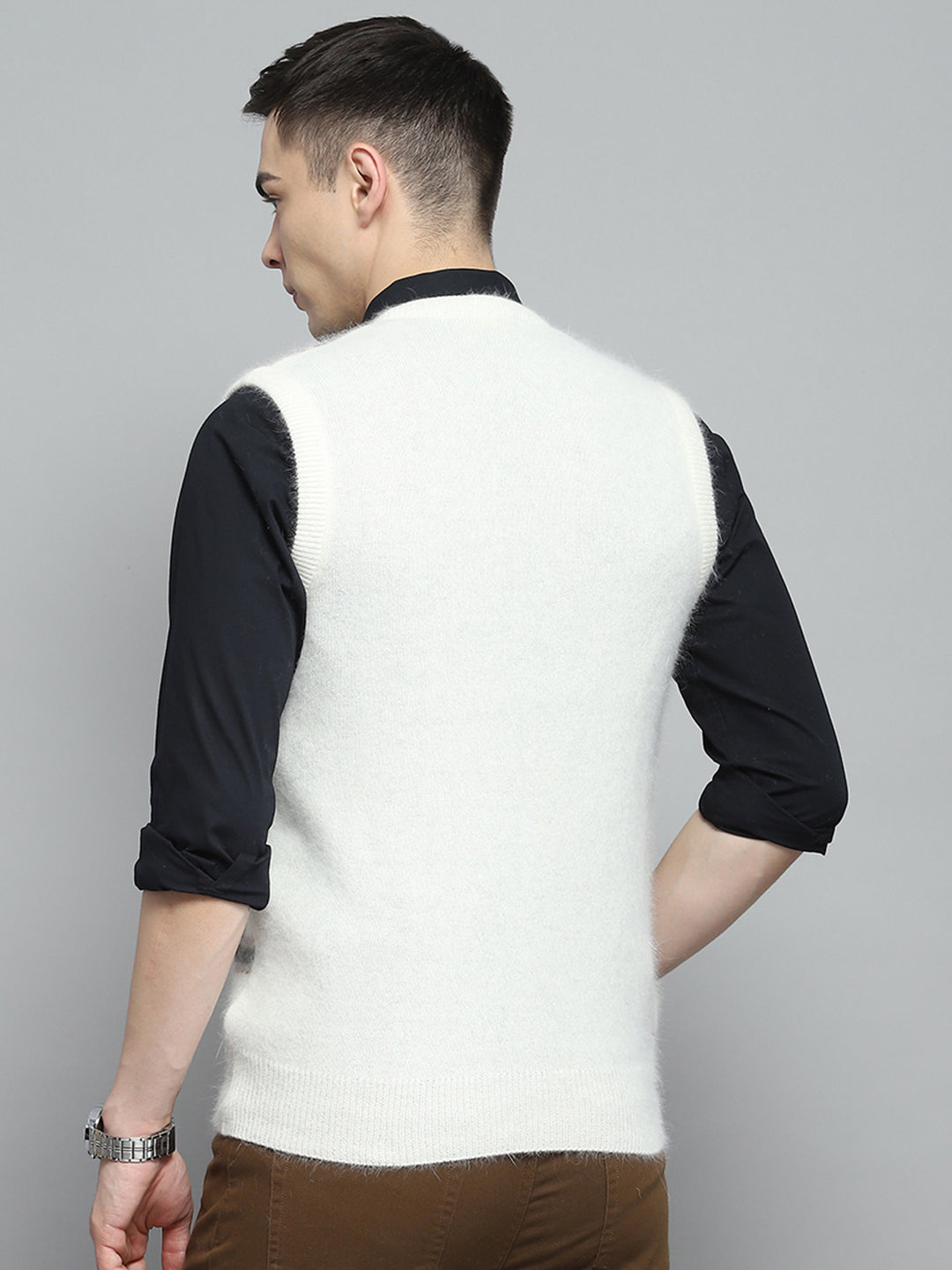 Men Off White Self Design V Neck Sleeveless Sweater