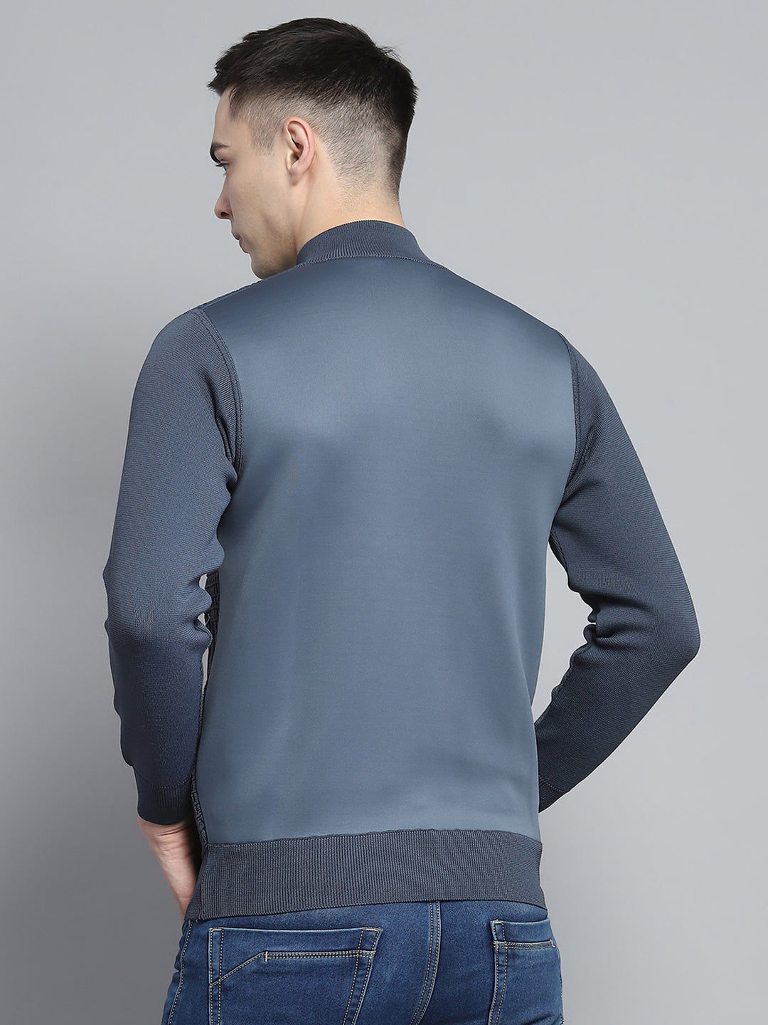 Men Grey Self Design Mock Neck Full Sleeve Pullover