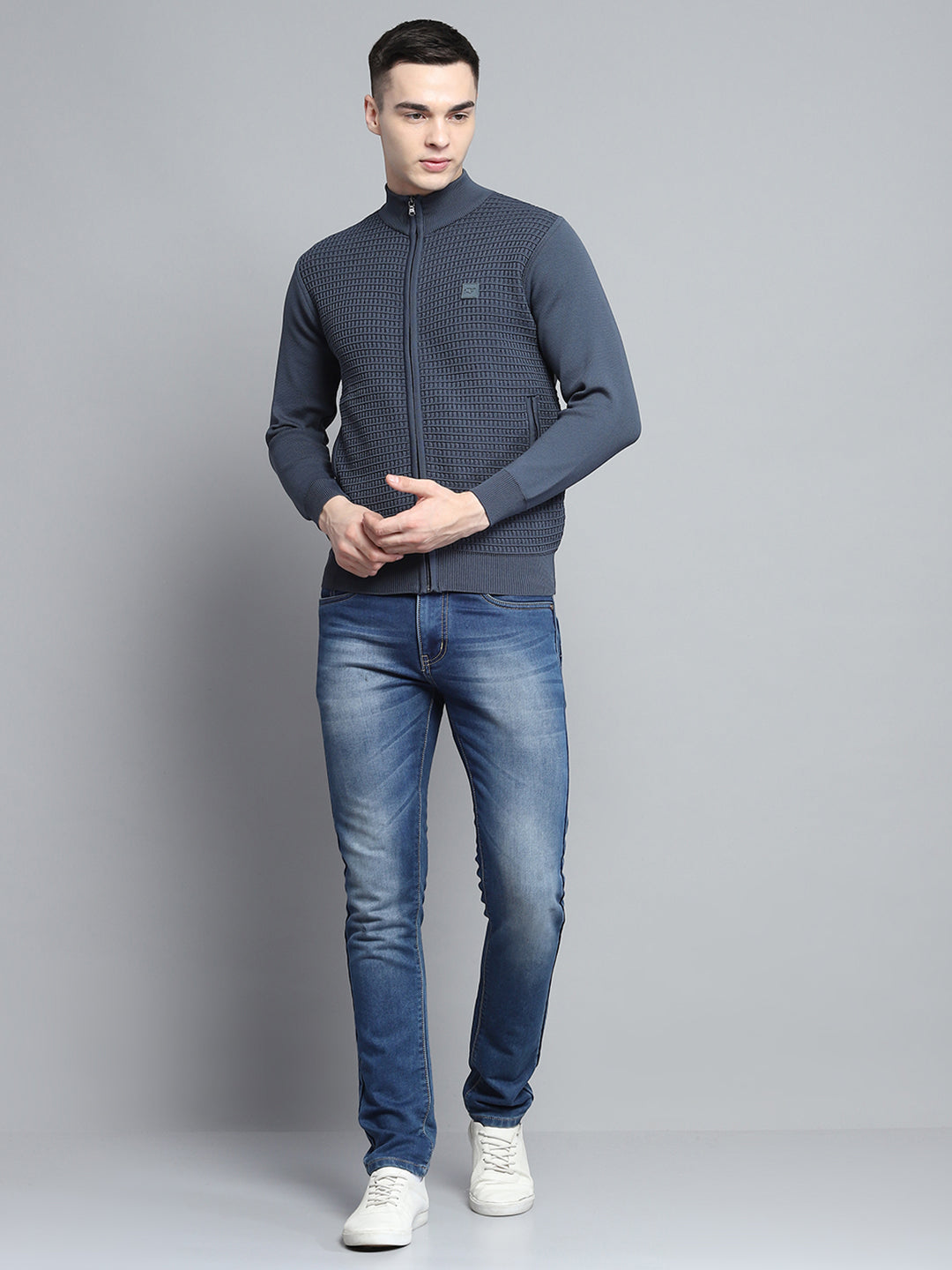 Men Grey Self Design Mock Neck Full Sleeve Pullover