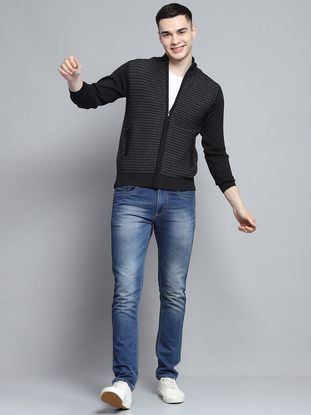 Men Black Self Design Mock Neck Full Sleeve Pullover