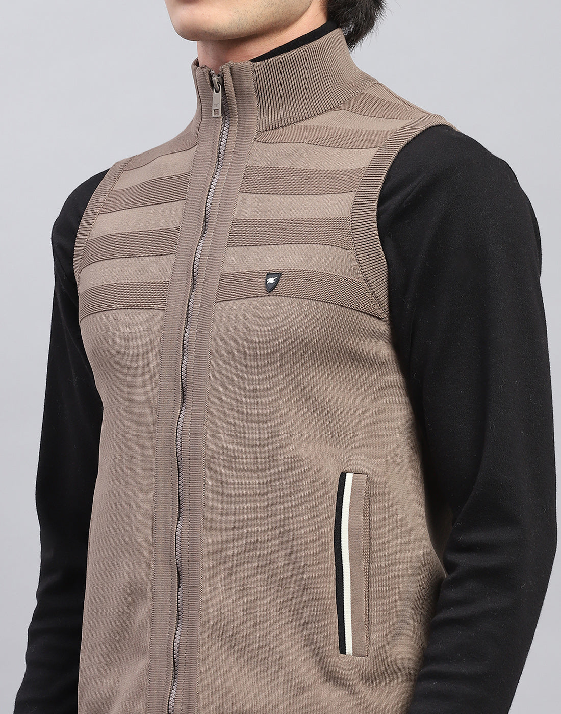 Men Brown Solid Mock Neck Sleeveless Sweater