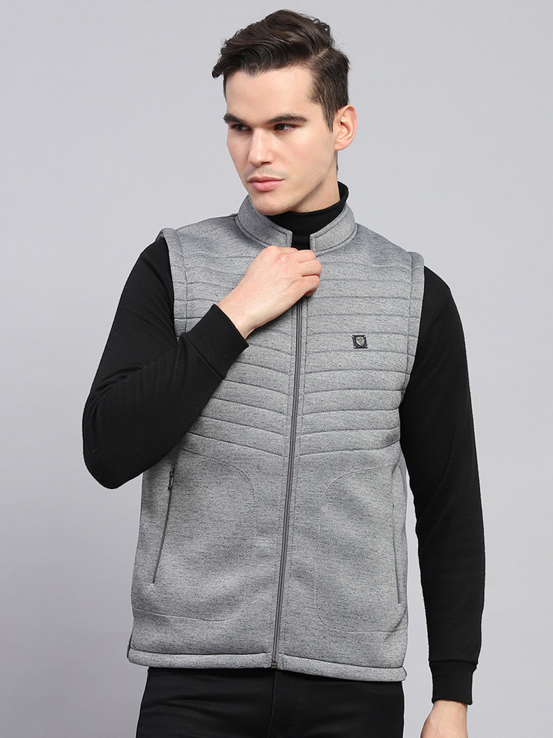 Men Grey Self Design Mock Neck Sleeveless Jacket