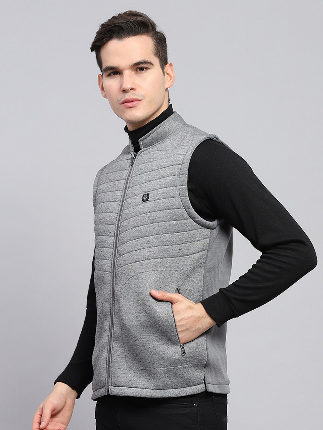 Men Grey Self Design Mock Neck Sleeveless Jacket