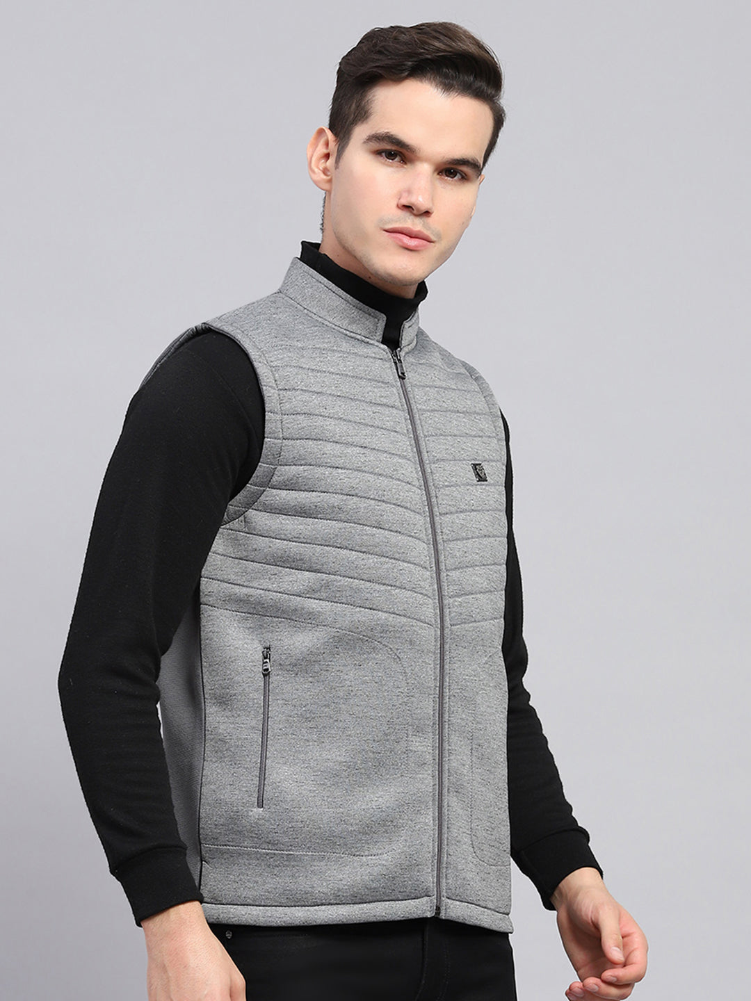 Men Grey Self Design Mock Neck Sleeveless Jacket