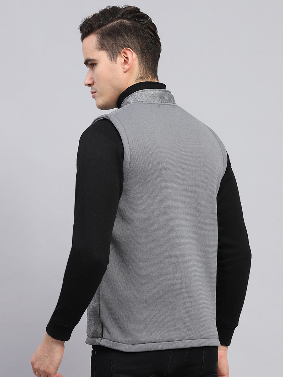 Men Grey Self Design Mock Neck Sleeveless Jacket