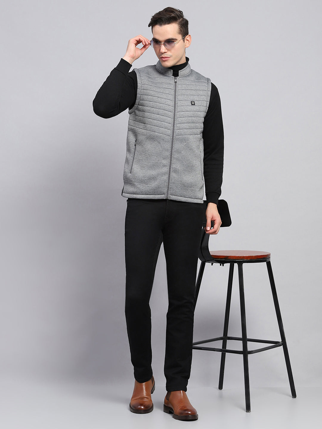 Men Grey Self Design Mock Neck Sleeveless Jacket