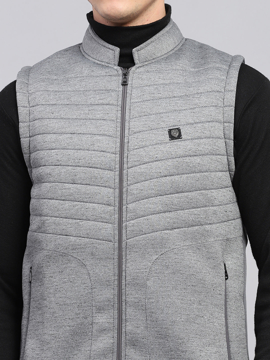 Men Grey Self Design Mock Neck Sleeveless Jacket