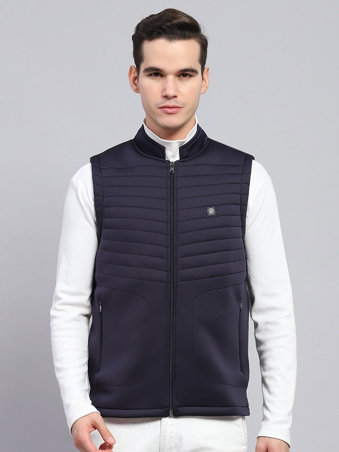 Men Navy Blue Self Design Mock Neck Sleeveless Jacket