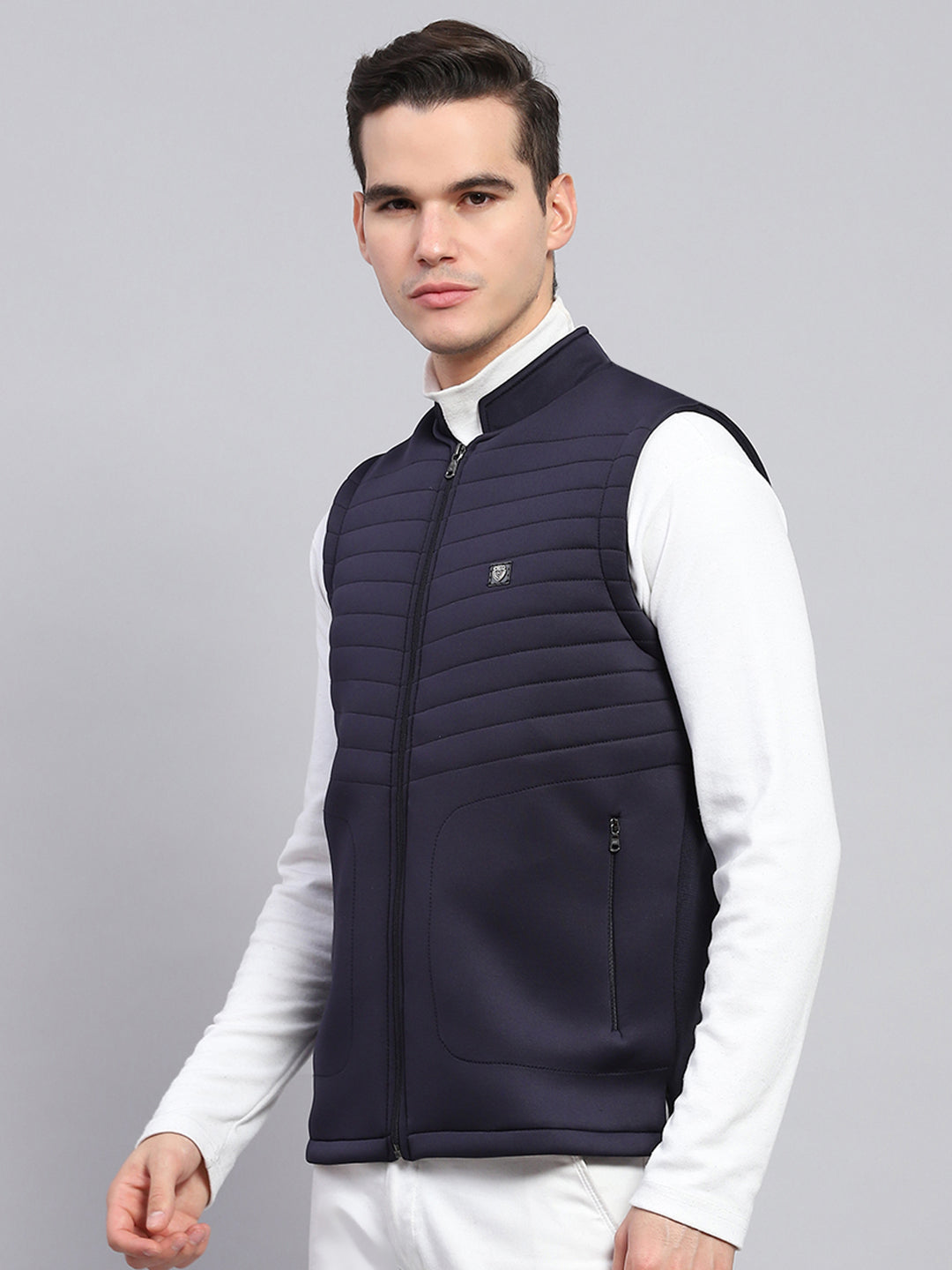 Men Navy Blue Self Design Mock Neck Sleeveless Jacket