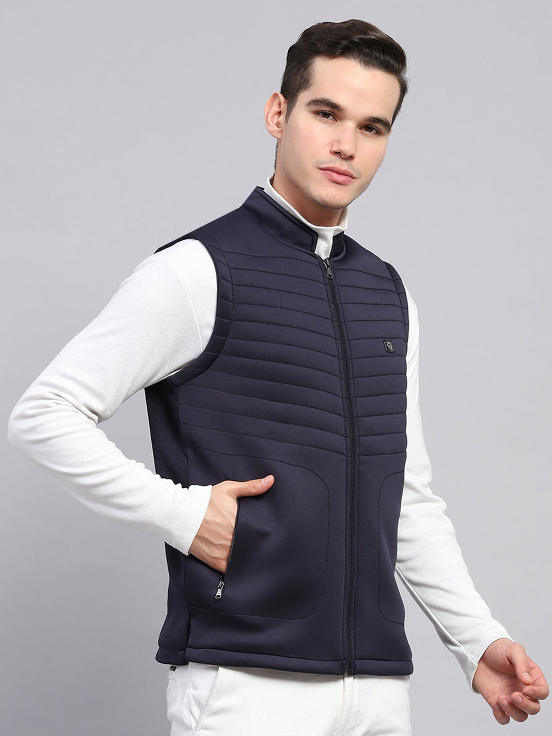 Men Navy Blue Self Design Mock Neck Sleeveless Jacket