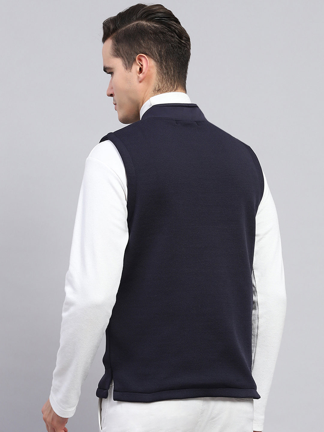 Men Navy Blue Self Design Mock Neck Sleeveless Jacket