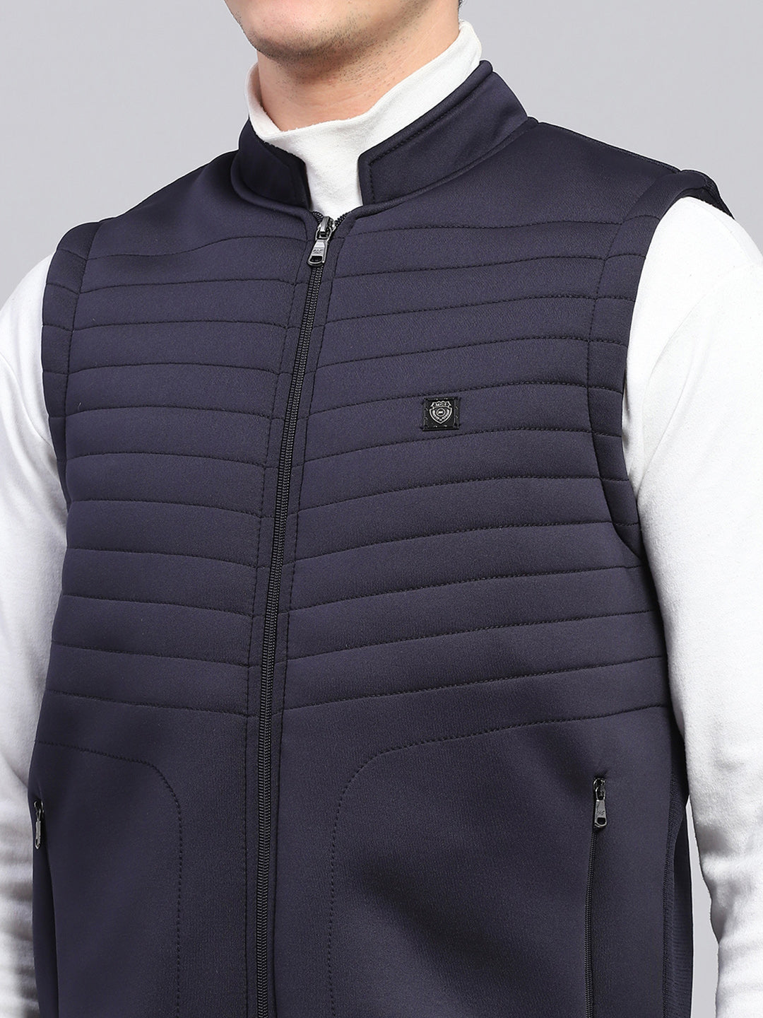 Men Navy Blue Self Design Mock Neck Sleeveless Jacket