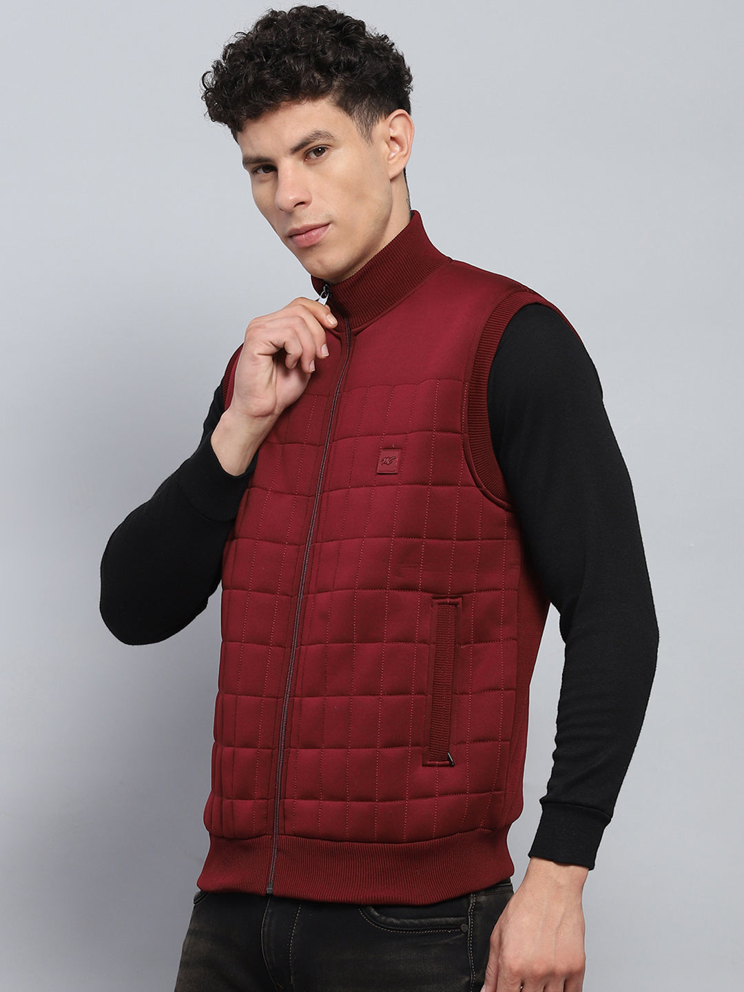 Men Maroon Self Design Mock Neck Sleeveless Jacket