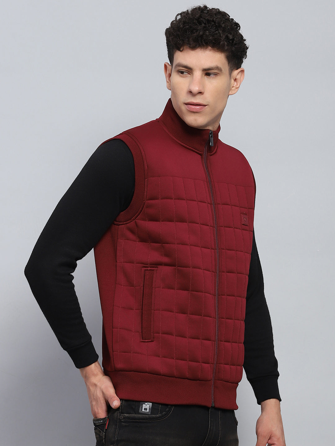 Men Maroon Self Design Mock Neck Sleeveless Jacket