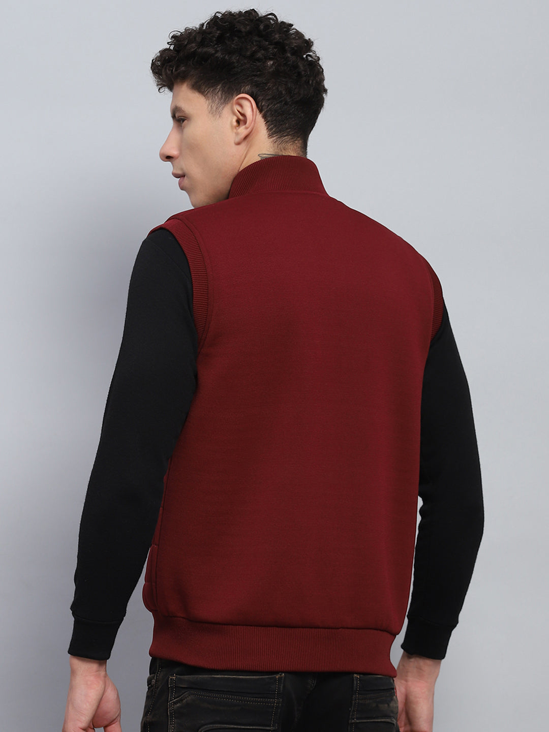 Men Maroon Self Design Mock Neck Sleeveless Jacket