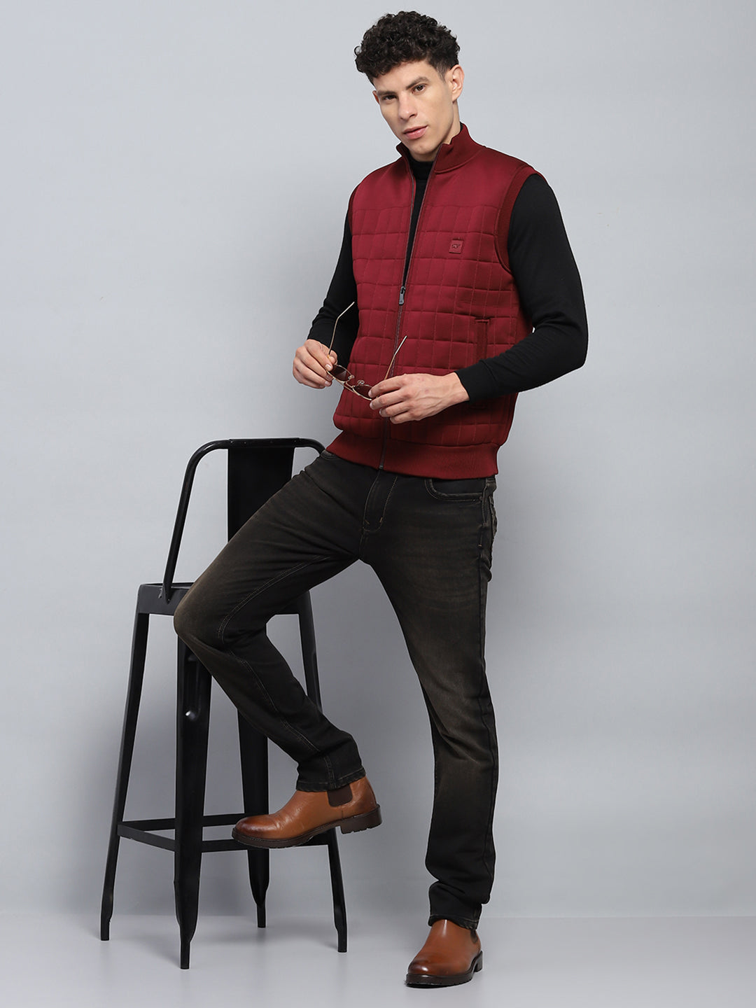 Men Maroon Self Design Mock Neck Sleeveless Jacket