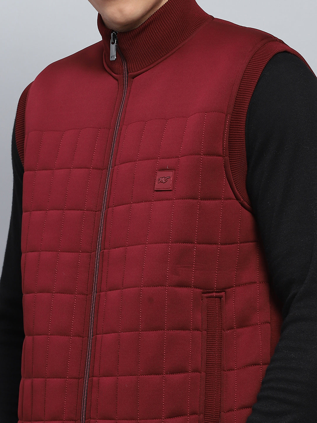 Men Maroon Self Design Mock Neck Sleeveless Jacket