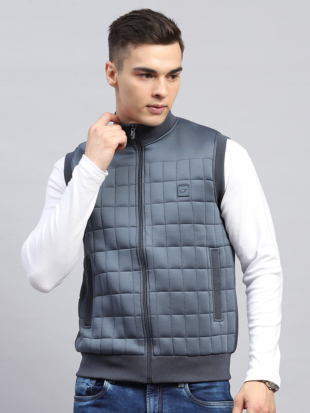 Men Grey Self Design Mock Neck Sleeveless Jacket