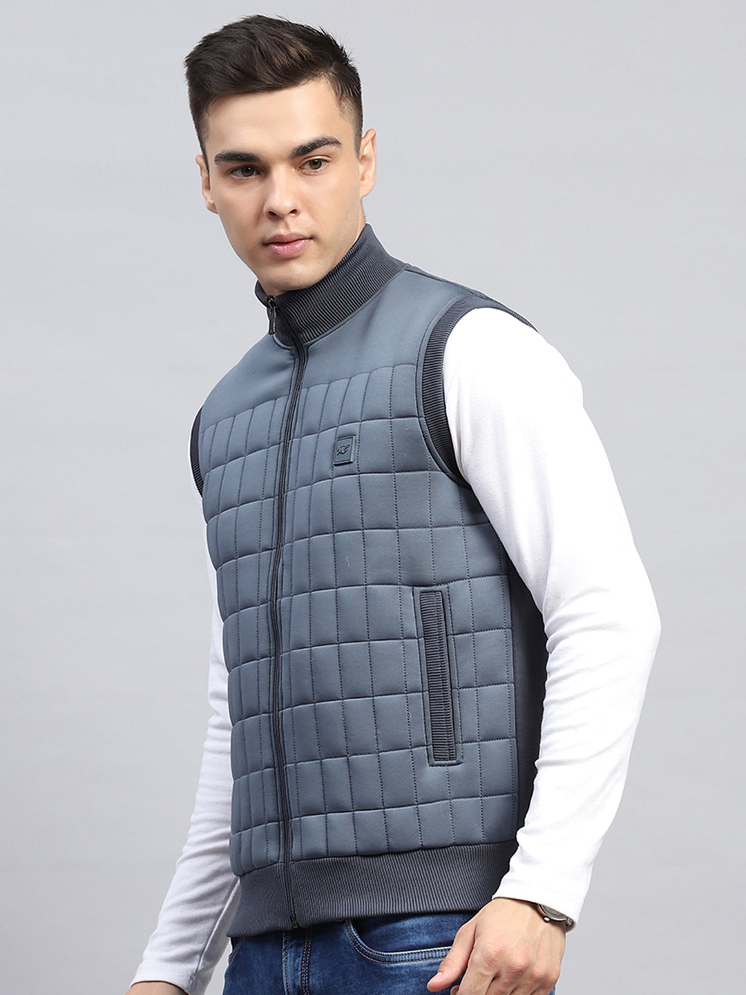 Men Grey Self Design Mock Neck Sleeveless Jacket