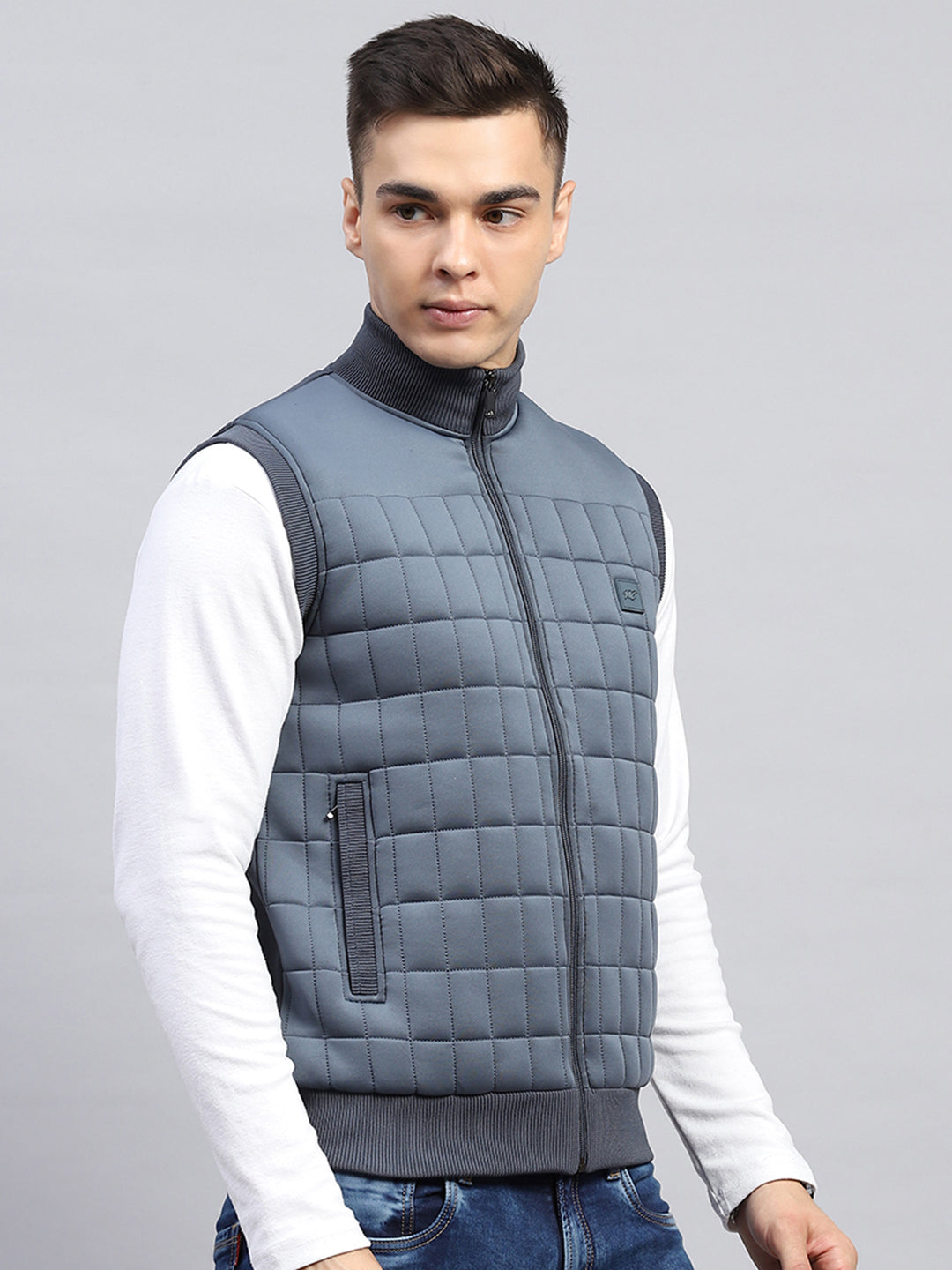 Men Grey Self Design Mock Neck Sleeveless Jacket