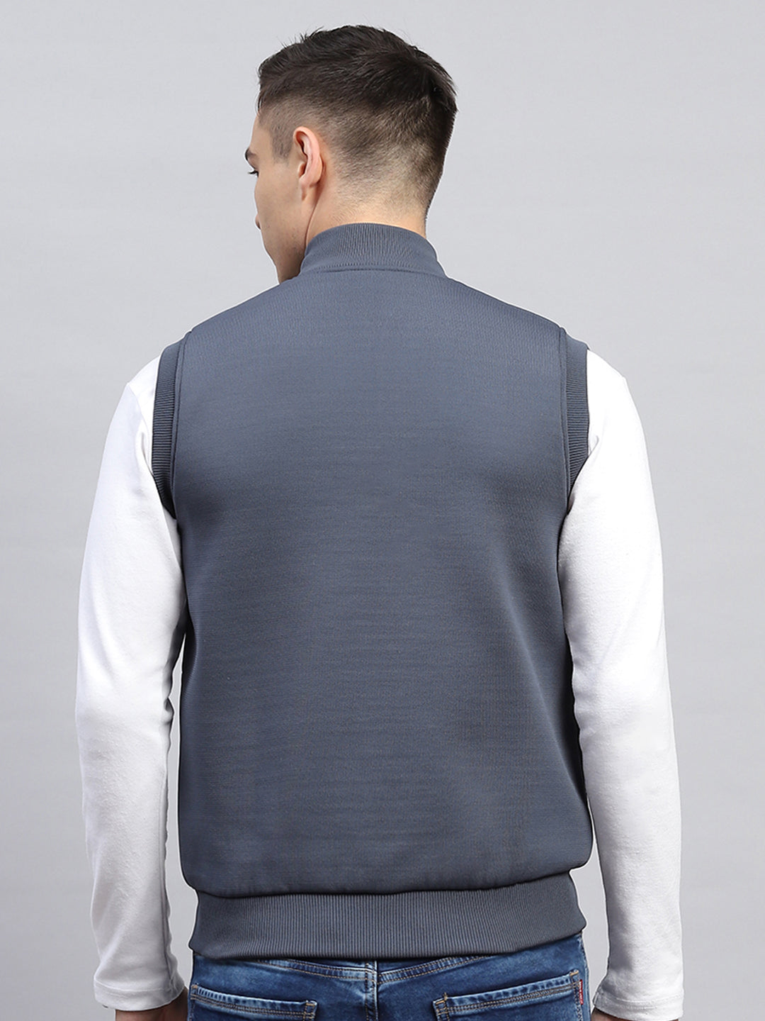 Men Grey Self Design Mock Neck Sleeveless Jacket