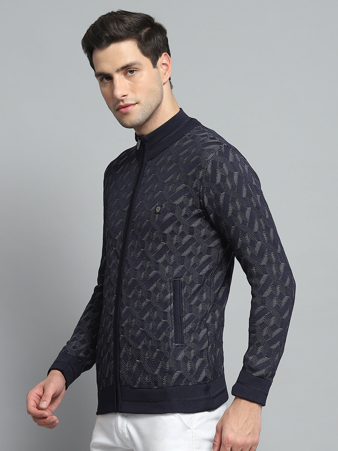 Men Navy Blue Self Design Mock Neck Full Sleeve Pullover