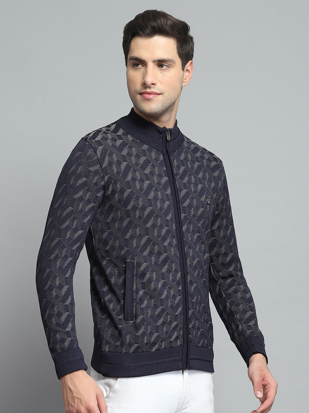 Men Navy Blue Self Design Mock Neck Full Sleeve Pullover