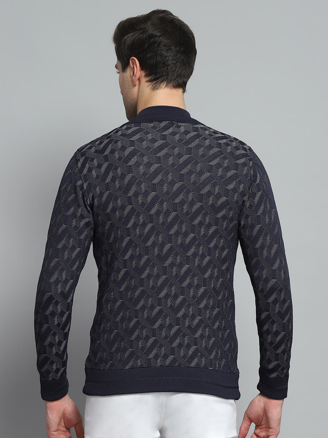 Men Navy Blue Self Design Mock Neck Full Sleeve Pullover