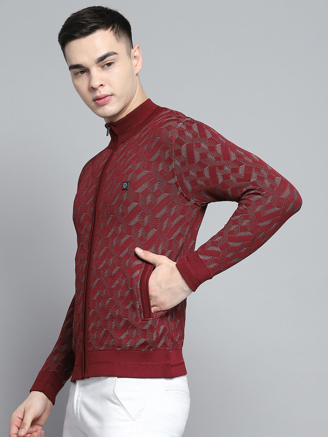 Men Maroon Self Design Mock Neck Full Sleeve Pullover