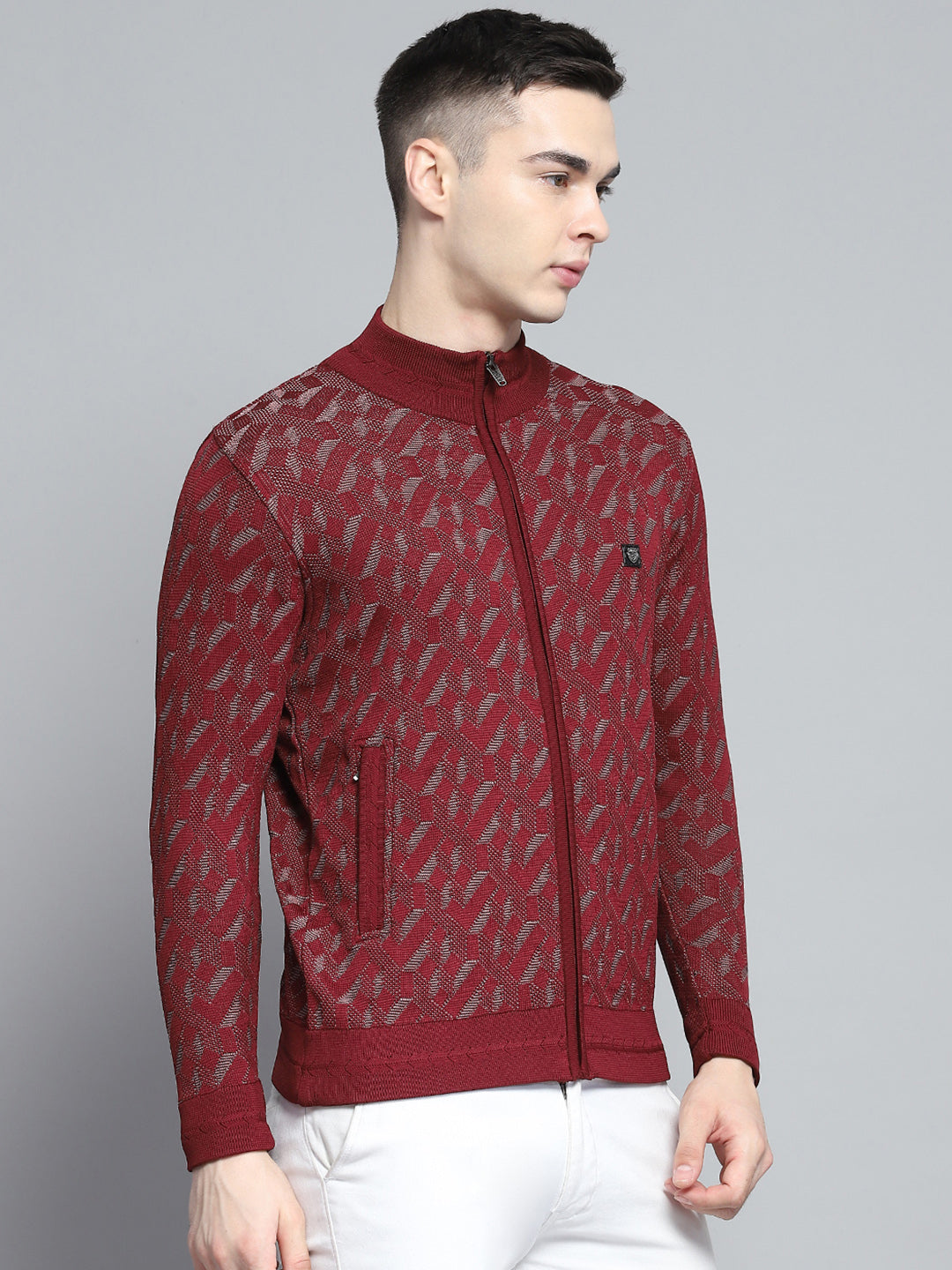 Men Maroon Self Design Mock Neck Full Sleeve Pullover