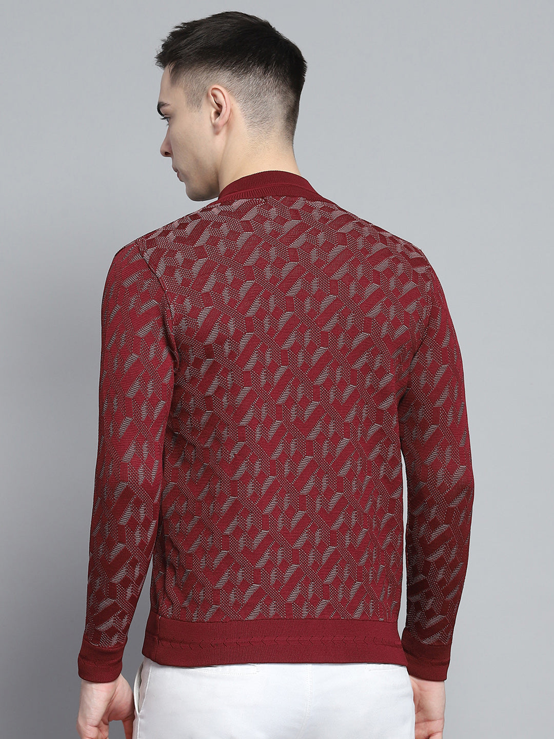 Men Maroon Self Design Mock Neck Full Sleeve Pullover