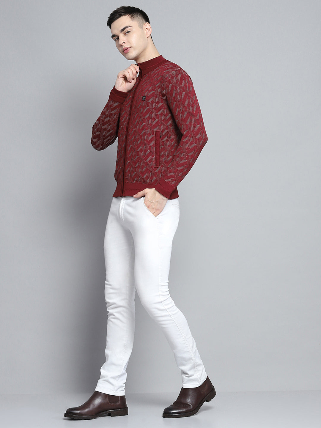 Men Maroon Self Design Mock Neck Full Sleeve Pullover