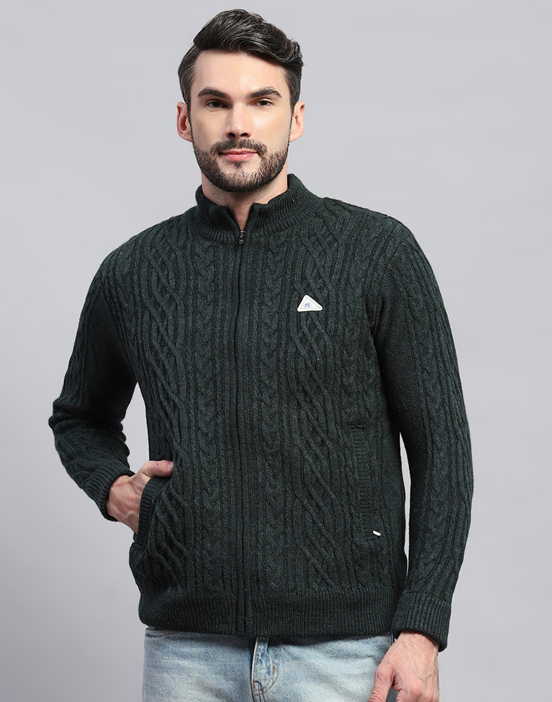 Men Green Self Design Turtle Neck Full Sleeve Jacket