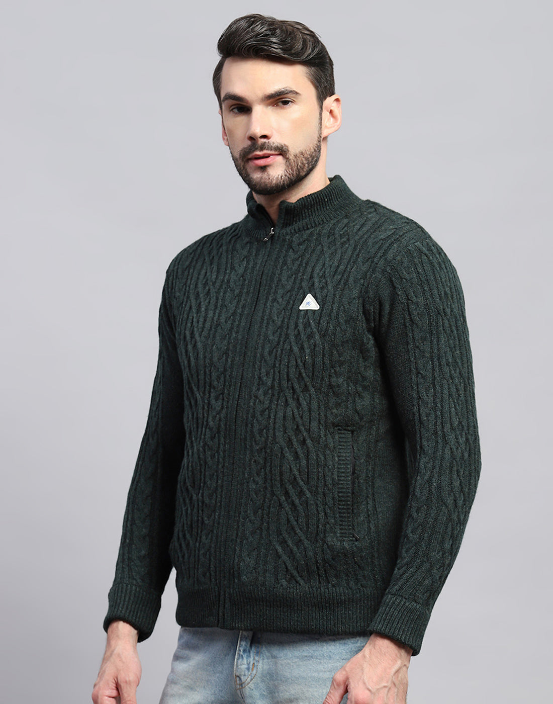 Men Green Self Design Turtle Neck Full Sleeve Jacket