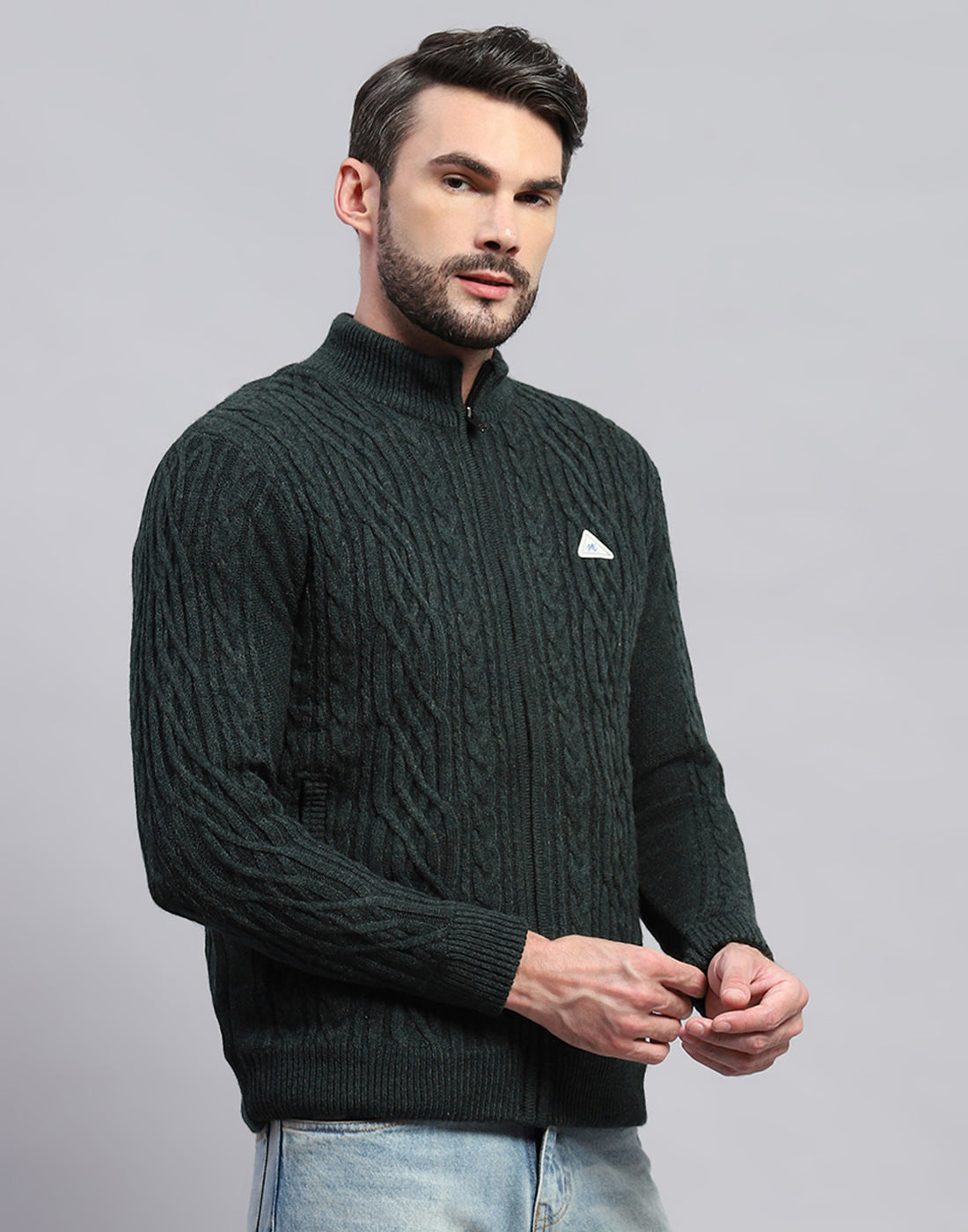 Men Green Self Design Turtle Neck Full Sleeve Jacket