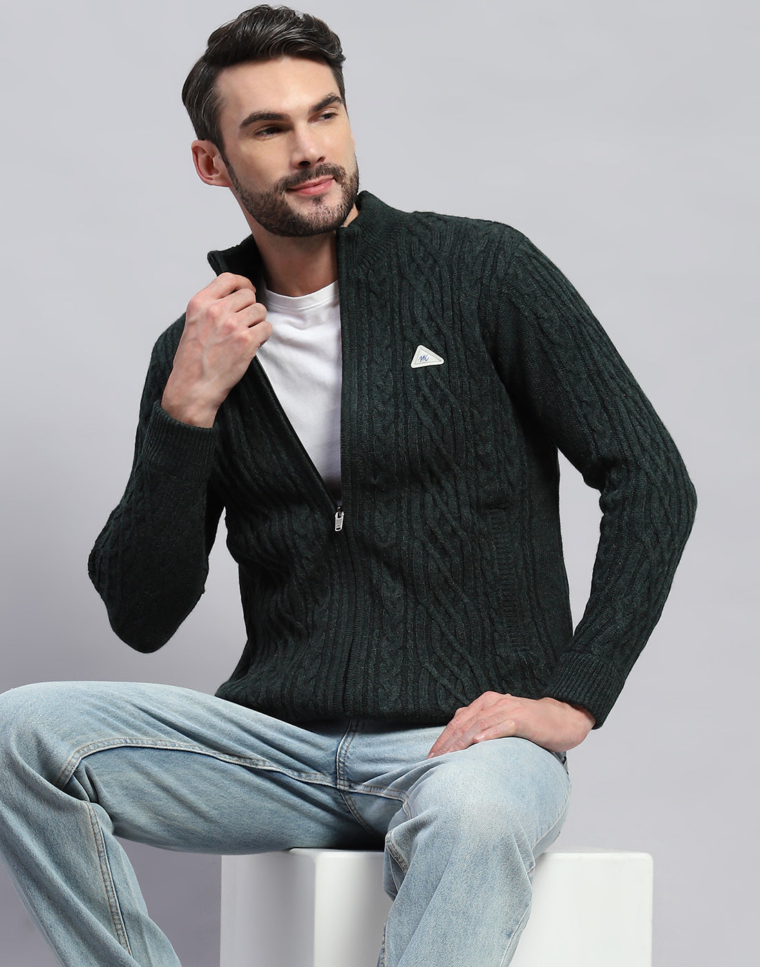 Men Green Self Design Turtle Neck Full Sleeve Jacket