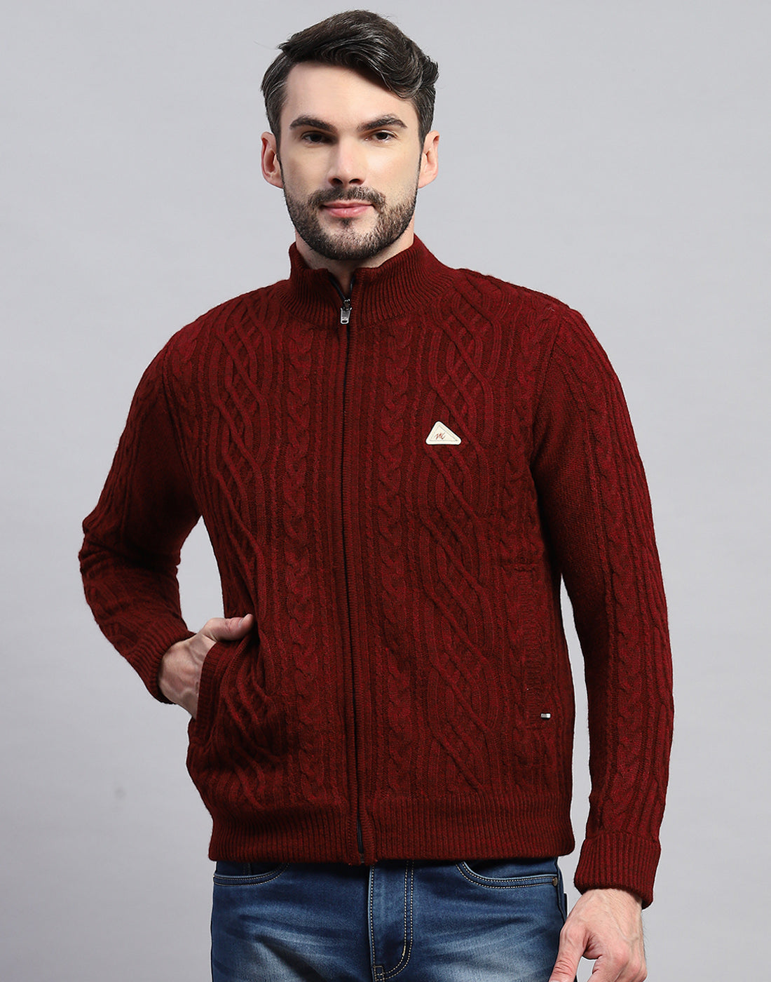 Men Maroon Self Design Turtle Neck Full Sleeve Jacket