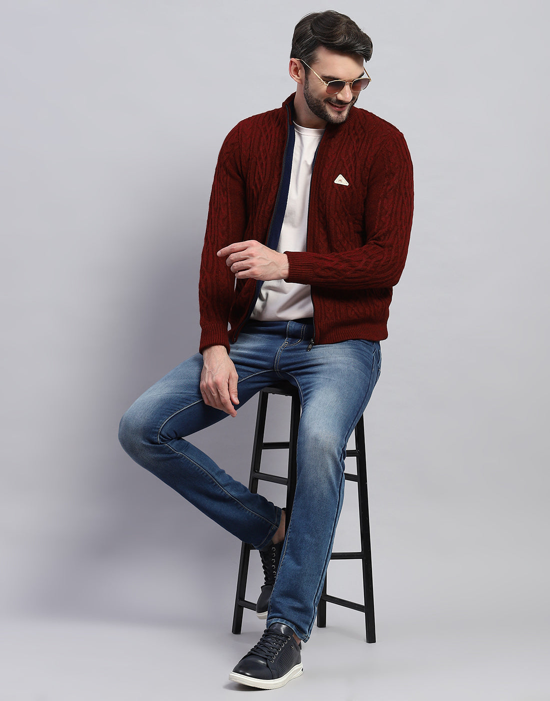 Men Maroon Self Design Turtle Neck Full Sleeve Jacket