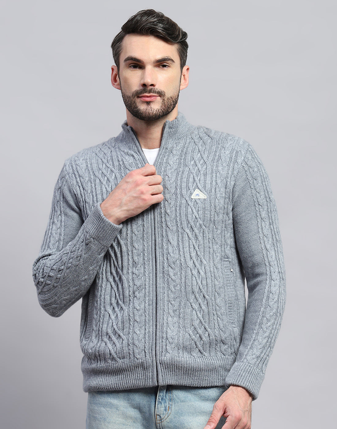 Men Grey Self Design Turtle Neck Full Sleeve Jacket